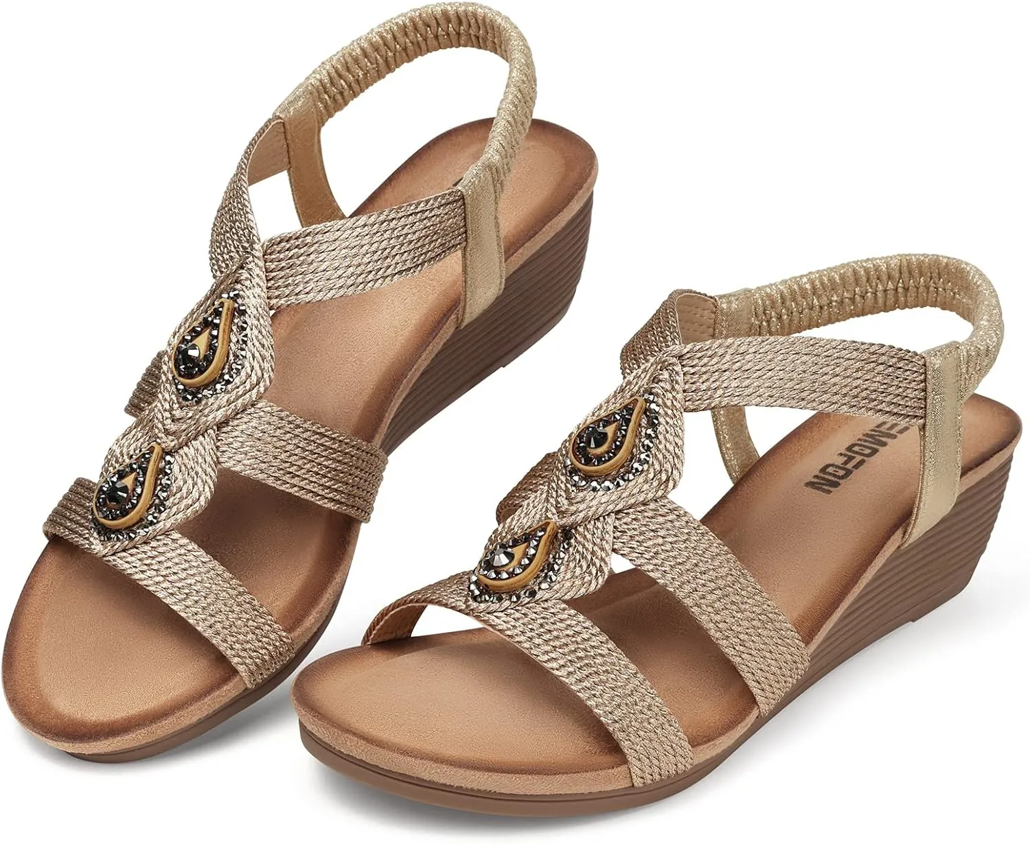 TEMOFON Womens Wedge Dressy Sandals: Elastic Ankle Strap Sandals - Summer Beach Open Toe - Comfortable Walking Sandals Size 5-11