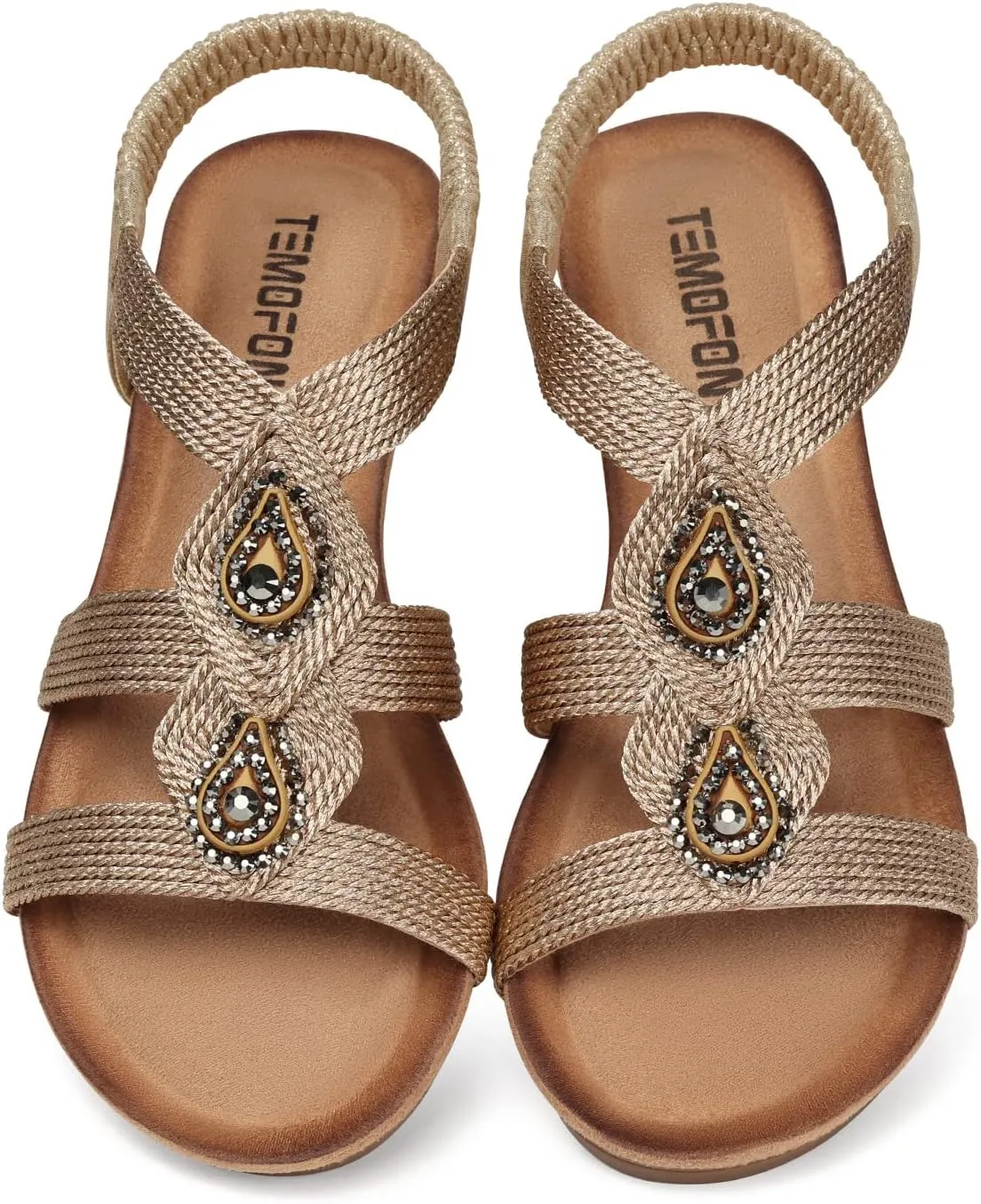 TEMOFON Womens Wedge Dressy Sandals: Elastic Ankle Strap Sandals - Summer Beach Open Toe - Comfortable Walking Sandals Size 5-11