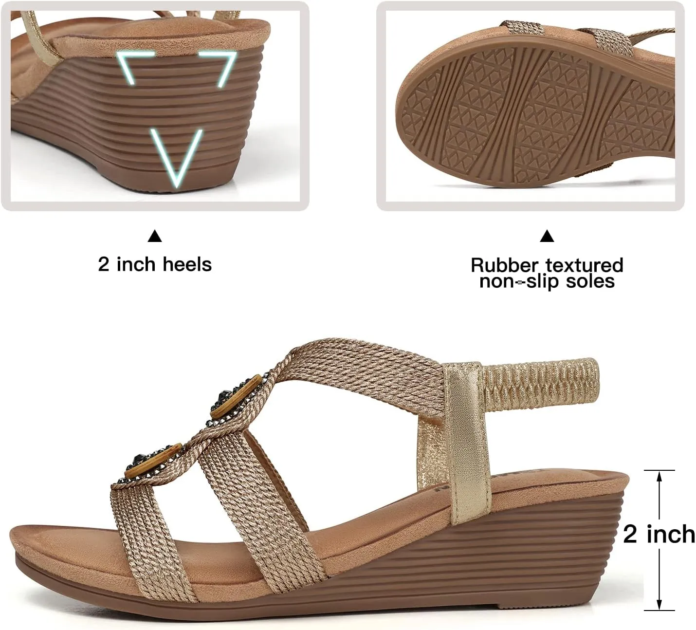 TEMOFON Womens Wedge Dressy Sandals: Elastic Ankle Strap Sandals - Summer Beach Open Toe - Comfortable Walking Sandals Size 5-11