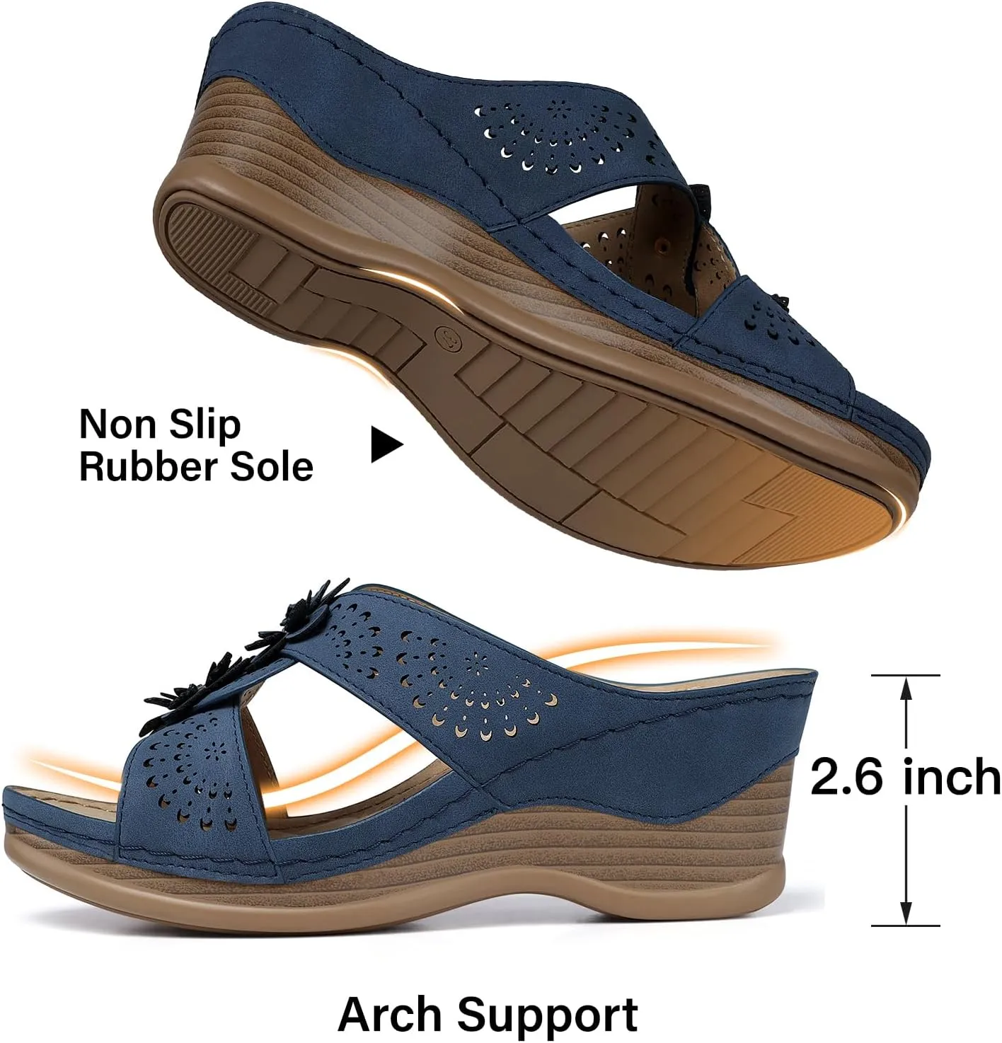TEMOFON Womens Wedge Sandals Leather: Dressy Sandal, Rubber Sole, Comfortable Walking, Casual Slip on Summer Shoes, Size 5-11