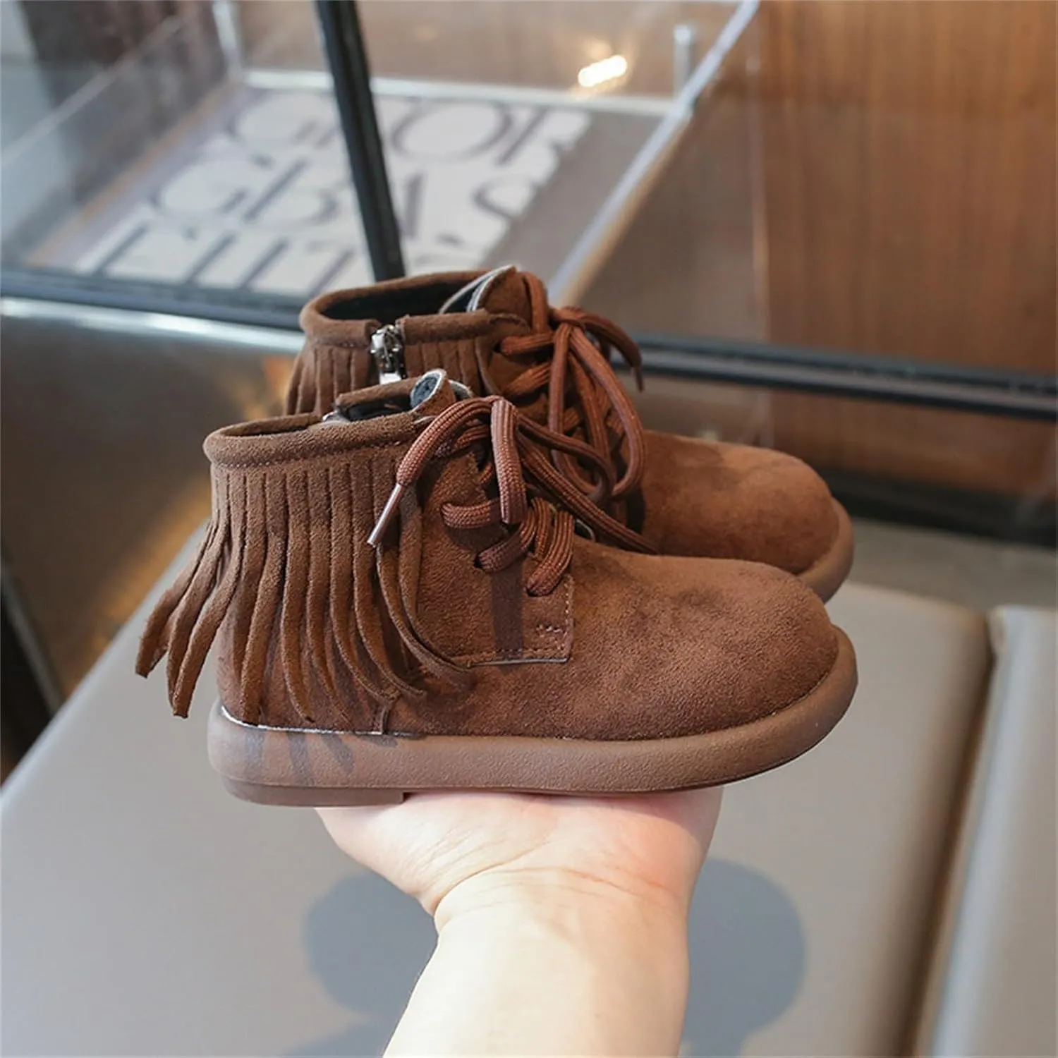 Toddler Girls Fashion Tassel Ankle Boots Round Toe Solid Color Fashion Outdoor Warm  Lined Soft Hiking Shoes
