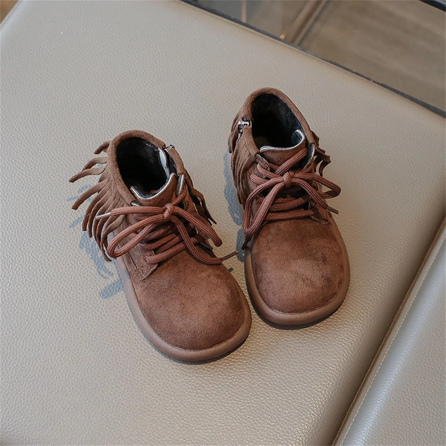 Toddler Girls Fashion Tassel Ankle Boots Round Toe Solid Color Fashion Outdoor Warm  Lined Soft Hiking Shoes