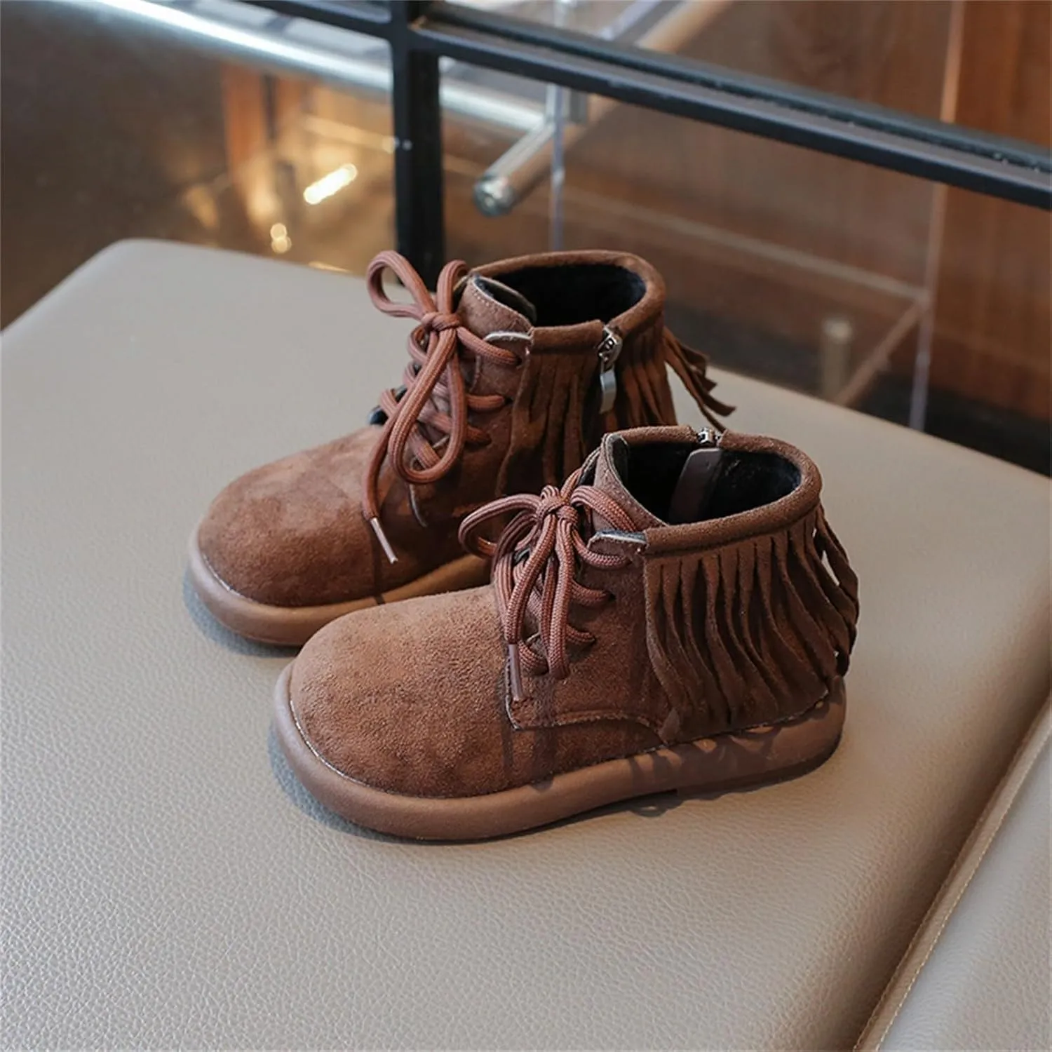 Toddler Girls Fashion Tassel Ankle Boots Round Toe Solid Color Fashion Outdoor Warm  Lined Soft Hiking Shoes