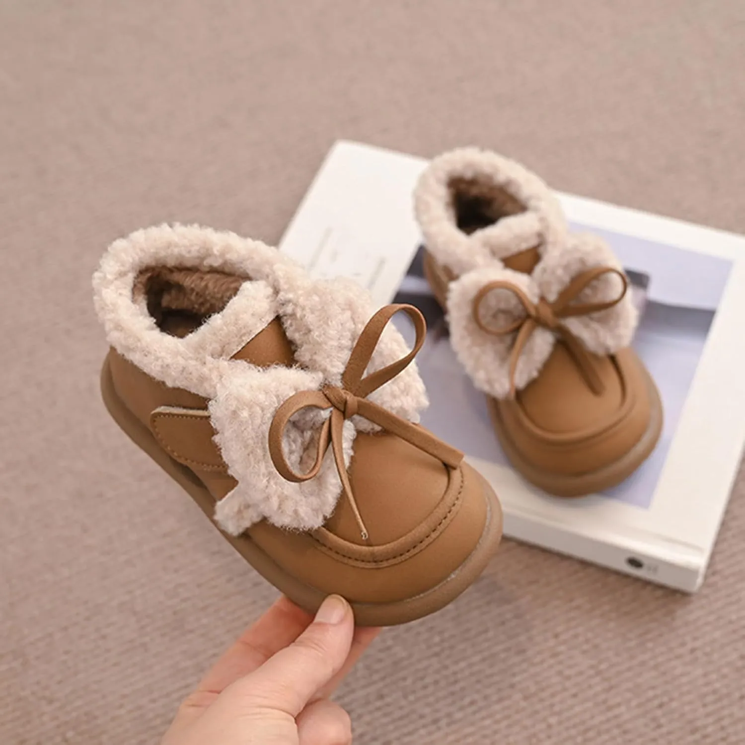 Toddler Kids Cotton Fleece Ankle Boots Winter Fashion Cute Bowknot Fr ining Comfy Soft Warm Girls Fall Boots Size 1