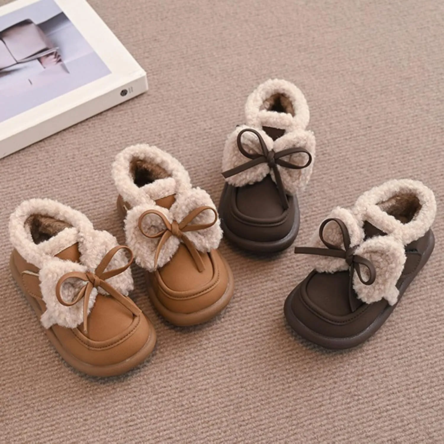 Toddler Kids Cotton Fleece Ankle Boots Winter Fashion Cute Bowknot Fr ining Comfy Soft Warm Girls Fall Boots Size 1