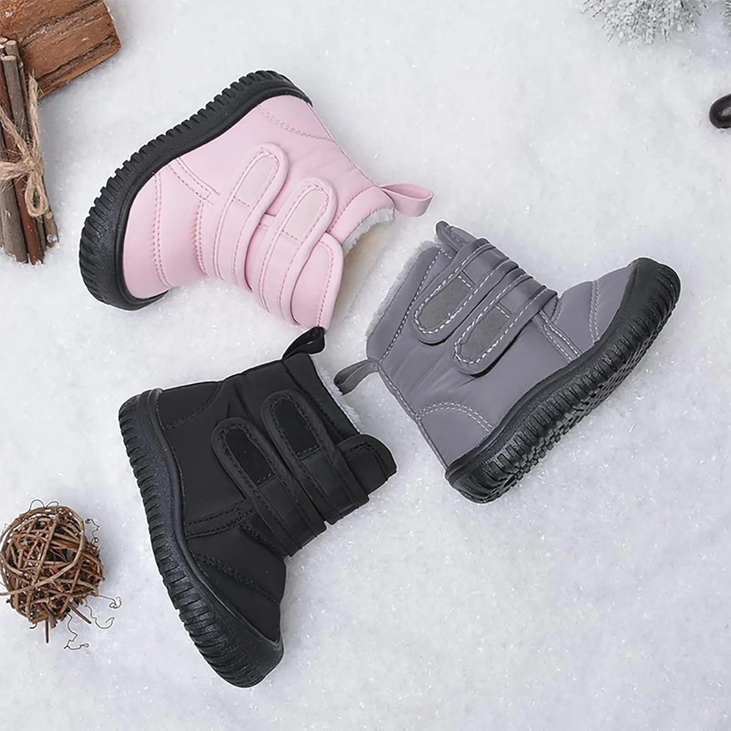 Toddler Snow Boots Double Strap Winter Warm Shoes Baby Faux Fur Lined Soft Fleece Booties with Non-Slip Rubber Sole