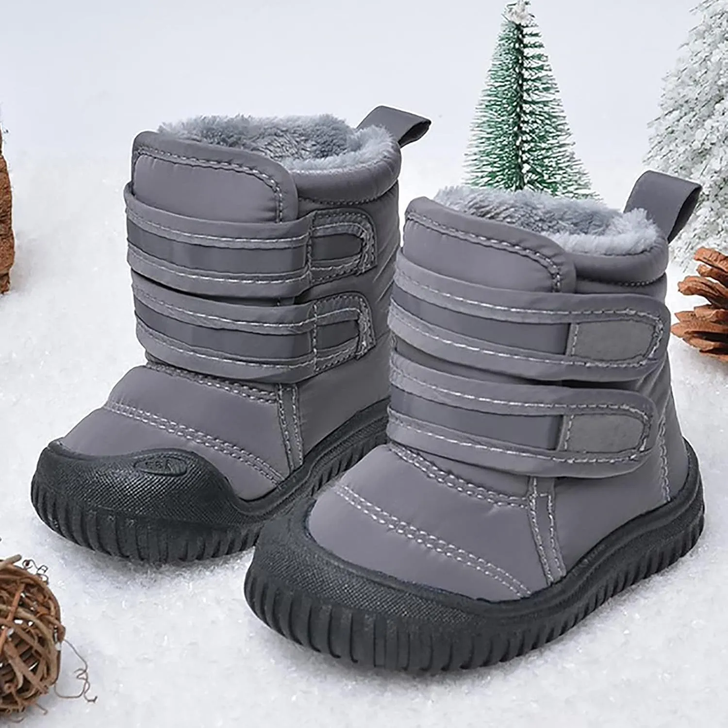 Toddler Snow Boots Double Strap Winter Warm Shoes Baby Faux Fur Lined Soft Fleece Booties with Non-Slip Rubber Sole