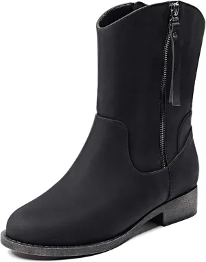 Veittes Women's Cowboy Cowgirl Boots, Comfy Low Heel Round Toe Side Zipper Fashion Western Mid-calf Boots.(2404013-1,BK/PU,10)