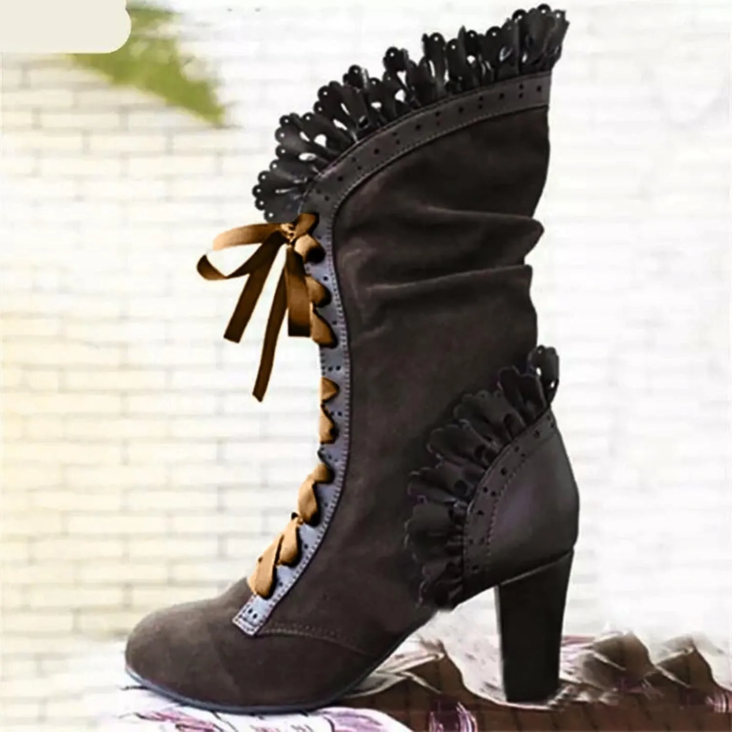 Victorian Boots for Women - Casual Lace Up Renaissance Mid Heels Vintage Halloween Cosplay Witch Shoes