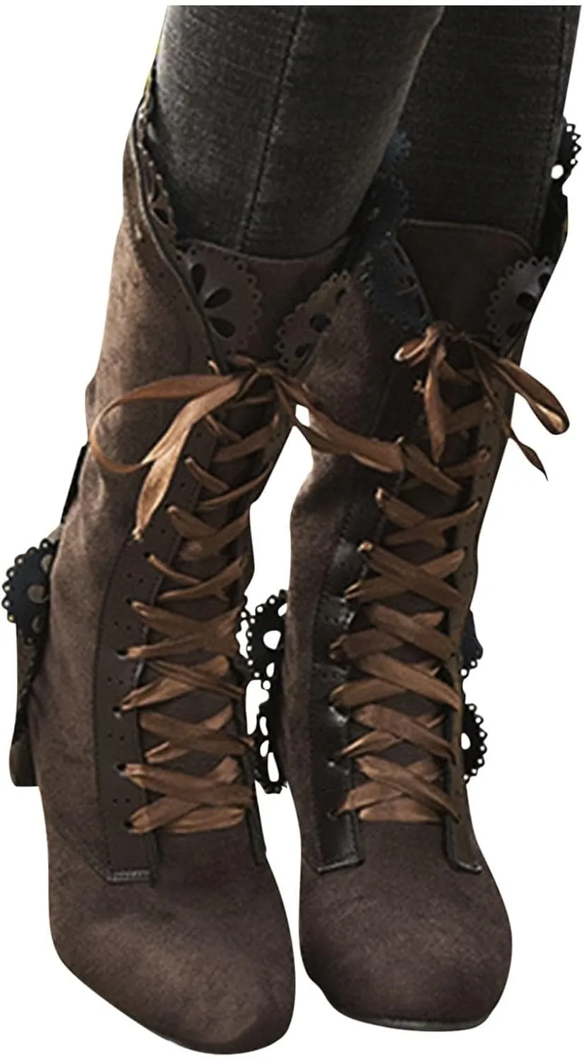 Victorian Boots for Women - Casual Lace Up Renaissance Mid Heels Vintage Halloween Cosplay Witch Shoes