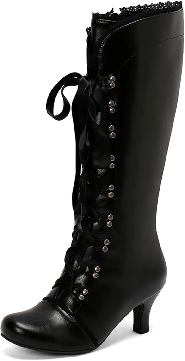 Vintage Boots for Women Lace up Witch Shoes with Zipper Heel Knee High Boots Square Toe Goth Tall Boots