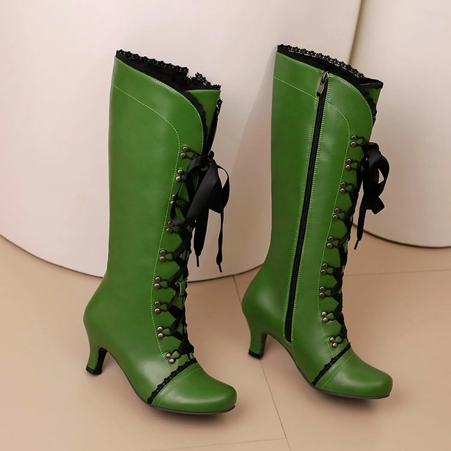 Vintage Boots for Women Lace up Witch Shoes with Zipper Heel Knee High Boots Square Toe Goth Tall Boots