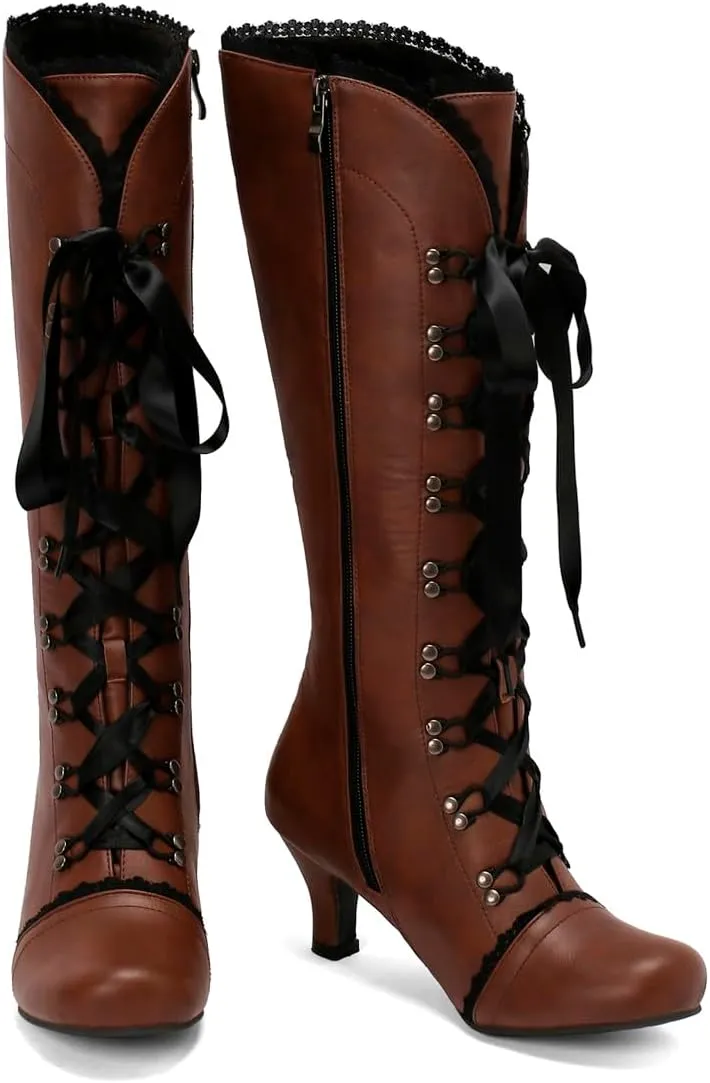 Vintage Boots for Women Lace up Witch Shoes with Zipper Heel Knee High Boots Square Toe Goth Tall Boots