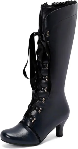 Vintage Boots for Women Lace up Witch Shoes with Zipper Heel Knee High Boots Square Toe Goth Tall Boots