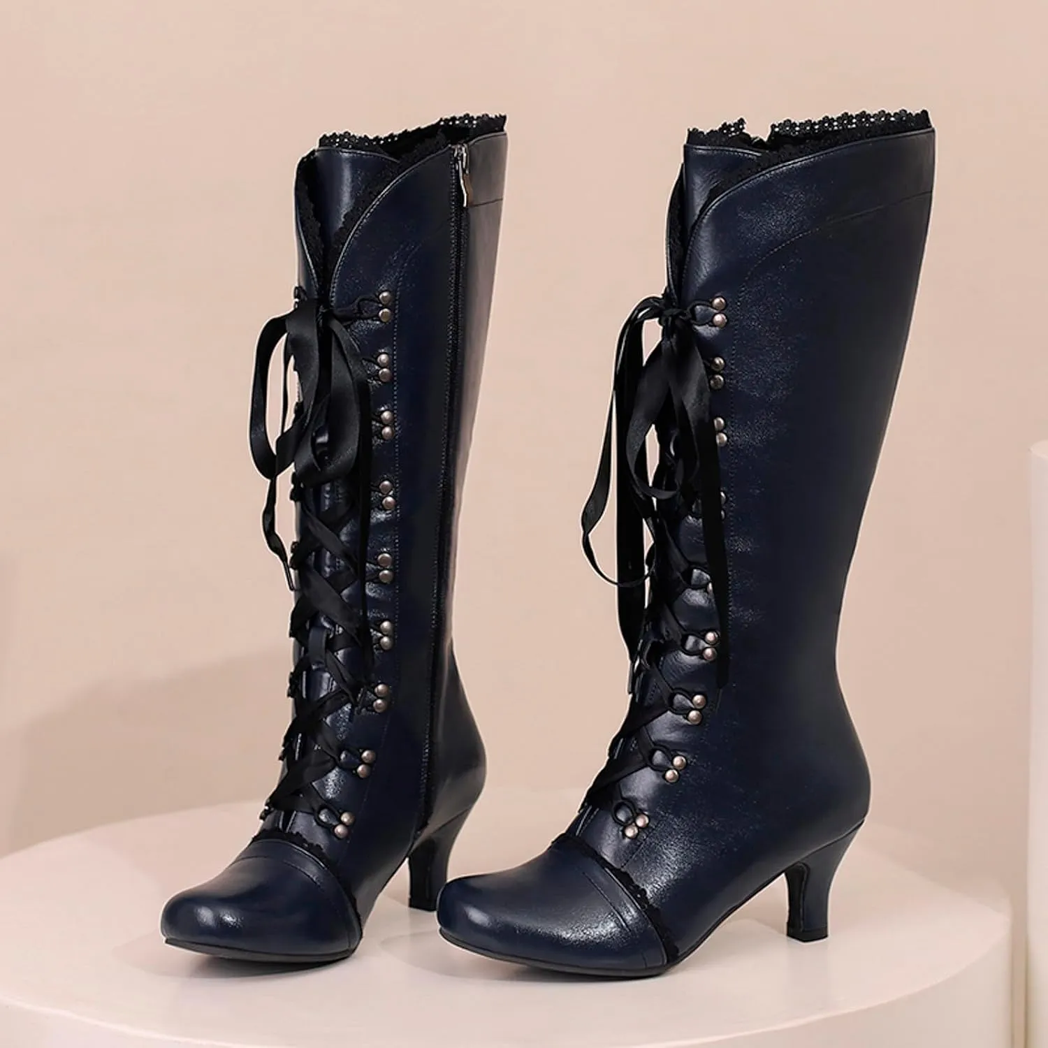 Vintage Boots for Women Lace up Witch Shoes with Zipper Heel Knee High Boots Square Toe Goth Tall Boots