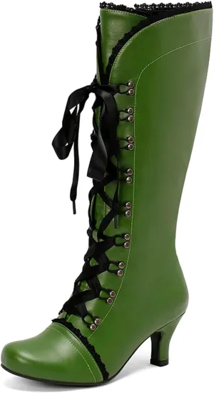 Vintage Boots for Women Lace up Witch Shoes with Zipper Heel Knee High Boots Square Toe Goth Tall Boots