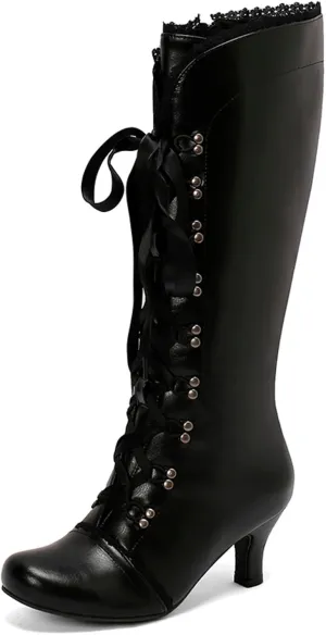 Vintage Boots for Women Lace up Witch Shoes with Zipper Heel Knee High Boots Square Toe Goth Tall Boots