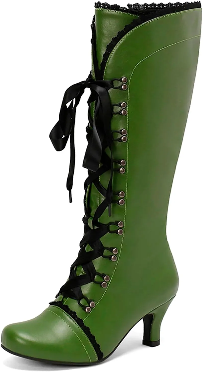 Vintage Boots for Women Lace up Witch Shoes with Zipper Heel Knee High Boots Square Toe Goth Tall Boots