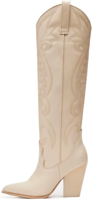 Vintage Embroidered Cowboy Boots Women Knee High Western Boots Suede High Chunky Stacked Heel Pointed Toe Tall Cowgirl Boots Satin Studded Combat Boot Pull On Fall Winter Dressy 4-11 M US