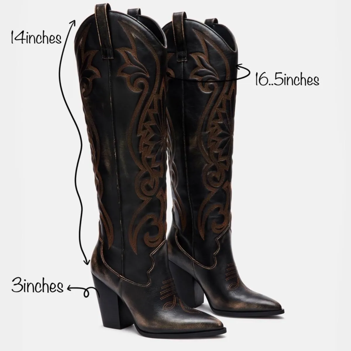 Vintage Embroidered Cowboy Boots Women Knee High Western Boots Suede High Chunky Stacked Heel Pointed Toe Tall Cowgirl Boots Satin Studded Combat Boot Pull On Fall Winter Dressy 4-11 M US