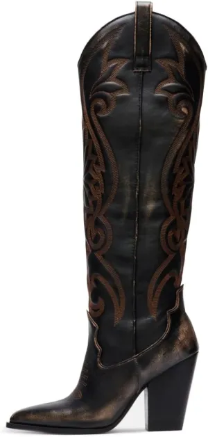 Vintage Embroidered Cowboy Boots Women Knee High Western Boots Suede High Chunky Stacked Heel Pointed Toe Tall Cowgirl Boots Satin Studded Combat Boot Pull On Fall Winter Dressy 4-11 M US