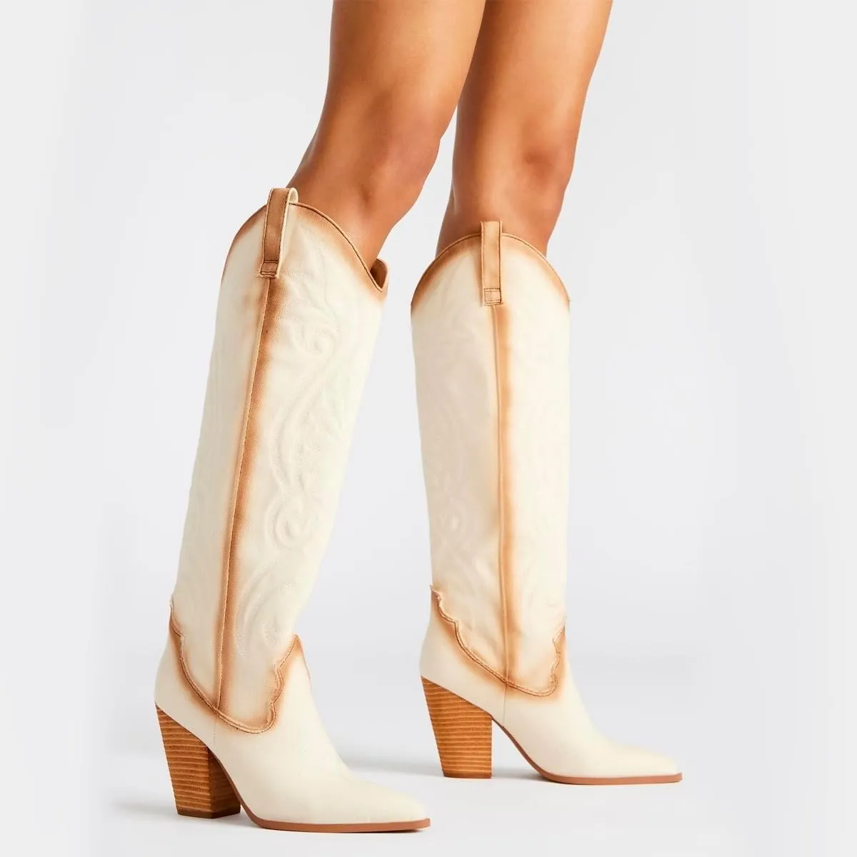Vintage Embroidered Cowboy Boots Women Knee High Western Boots Suede High Chunky Stacked Heel Pointed Toe Tall Cowgirl Boots Satin Studded Combat Boot Pull On Fall Winter Dressy 4-11 M US