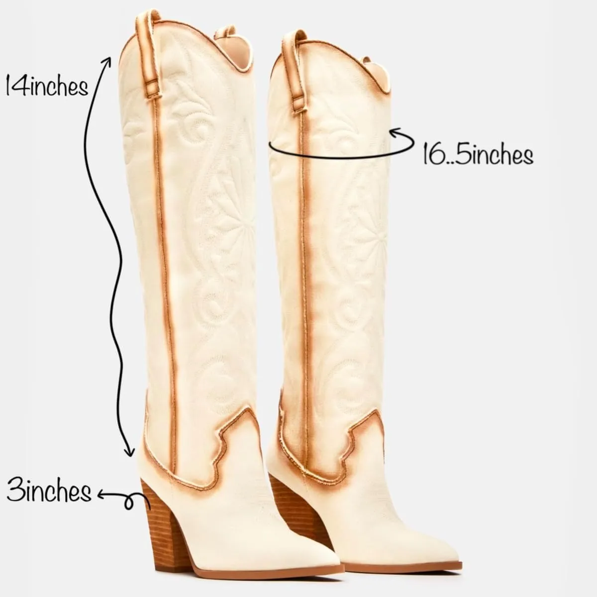 Vintage Embroidered Cowboy Boots Women Knee High Western Boots Suede High Chunky Stacked Heel Pointed Toe Tall Cowgirl Boots Satin Studded Combat Boot Pull On Fall Winter Dressy 4-11 M US