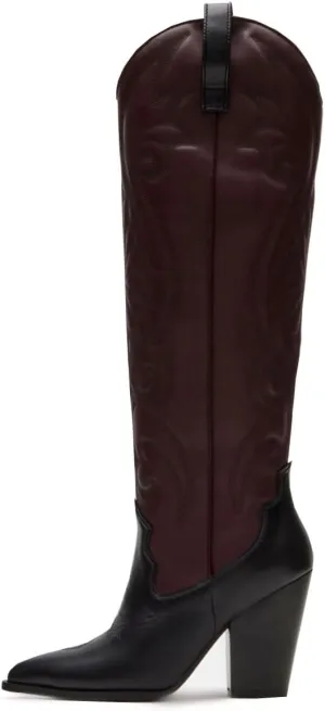 Vintage Embroidered Cowboy Boots Women Knee High Western Boots Suede High Chunky Stacked Heel Pointed Toe Tall Cowgirl Boots Satin Studded Combat Boot Pull On Fall Winter Dressy 4-11 M US