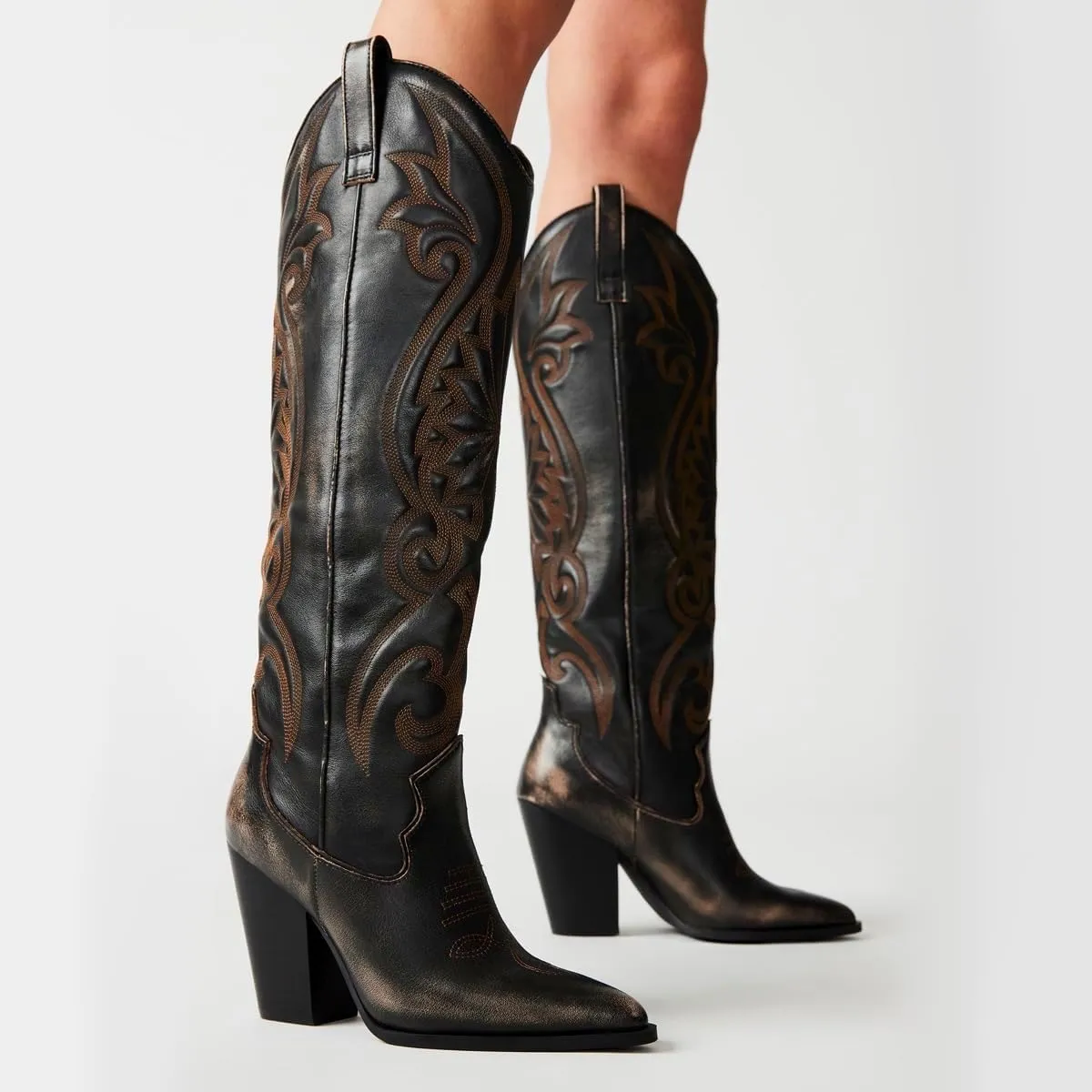 Vintage Embroidered Cowboy Boots Women Knee High Western Boots Suede High Chunky Stacked Heel Pointed Toe Tall Cowgirl Boots Satin Studded Combat Boot Pull On Fall Winter Dressy 4-11 M US