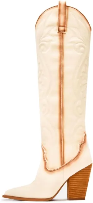 Vintage Embroidered Cowboy Boots Women Knee High Western Boots Suede High Chunky Stacked Heel Pointed Toe Tall Cowgirl Boots Satin Studded Combat Boot Pull On Fall Winter Dressy 4-11 M US