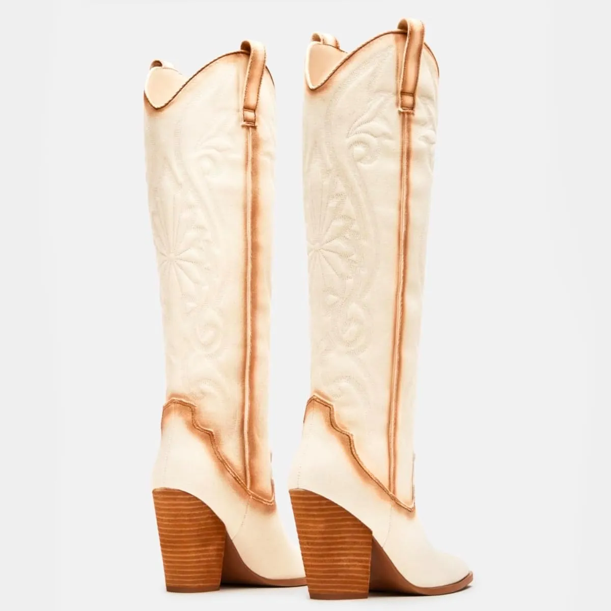 Vintage Embroidered Cowboy Boots Women Knee High Western Boots Suede High Chunky Stacked Heel Pointed Toe Tall Cowgirl Boots Satin Studded Combat Boot Pull On Fall Winter Dressy 4-11 M US