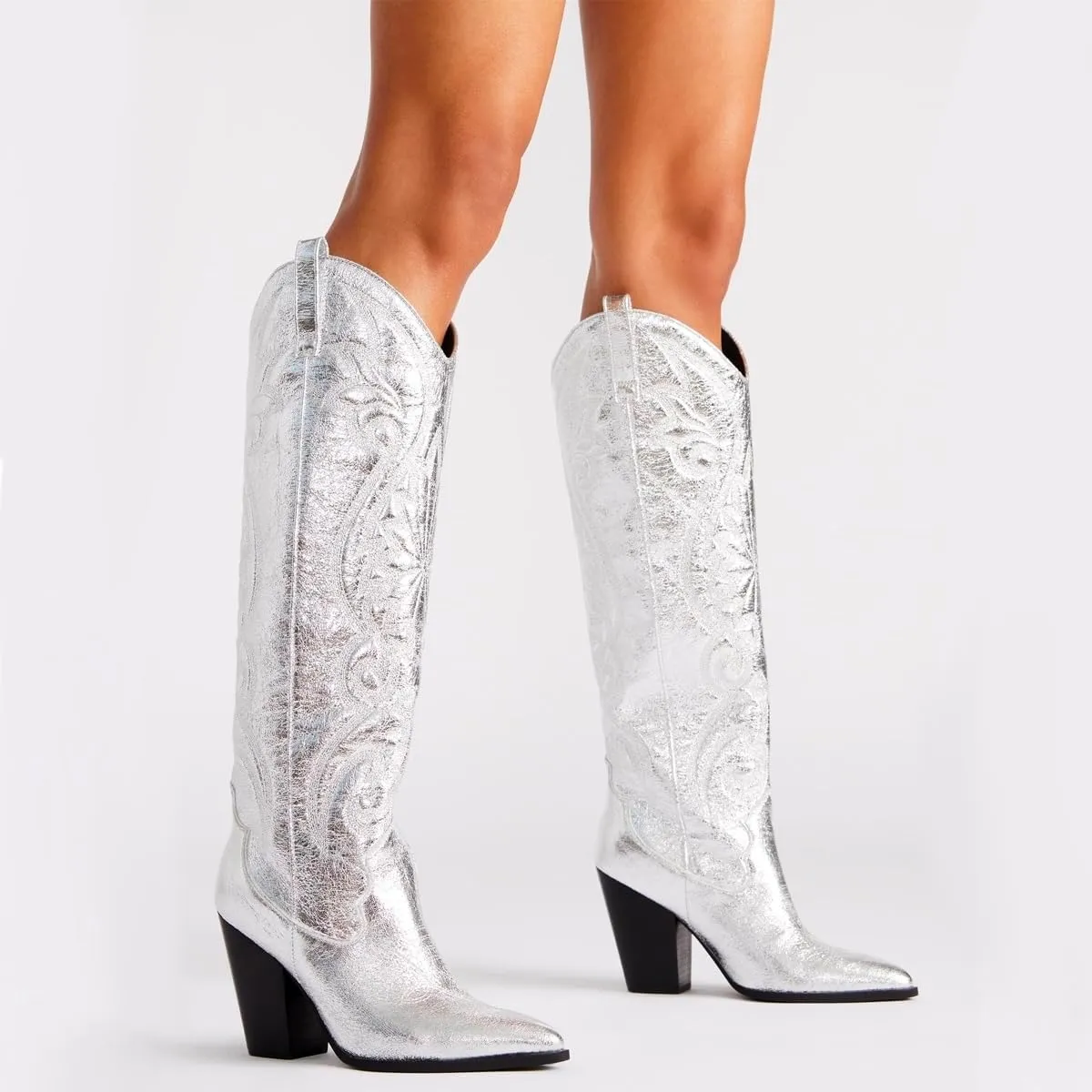 Vintage Embroidered Cowboy Boots Women Knee High Western Boots Suede High Chunky Stacked Heel Pointed Toe Tall Cowgirl Boots Satin Studded Combat Boot Pull On Fall Winter Dressy 4-11 M US