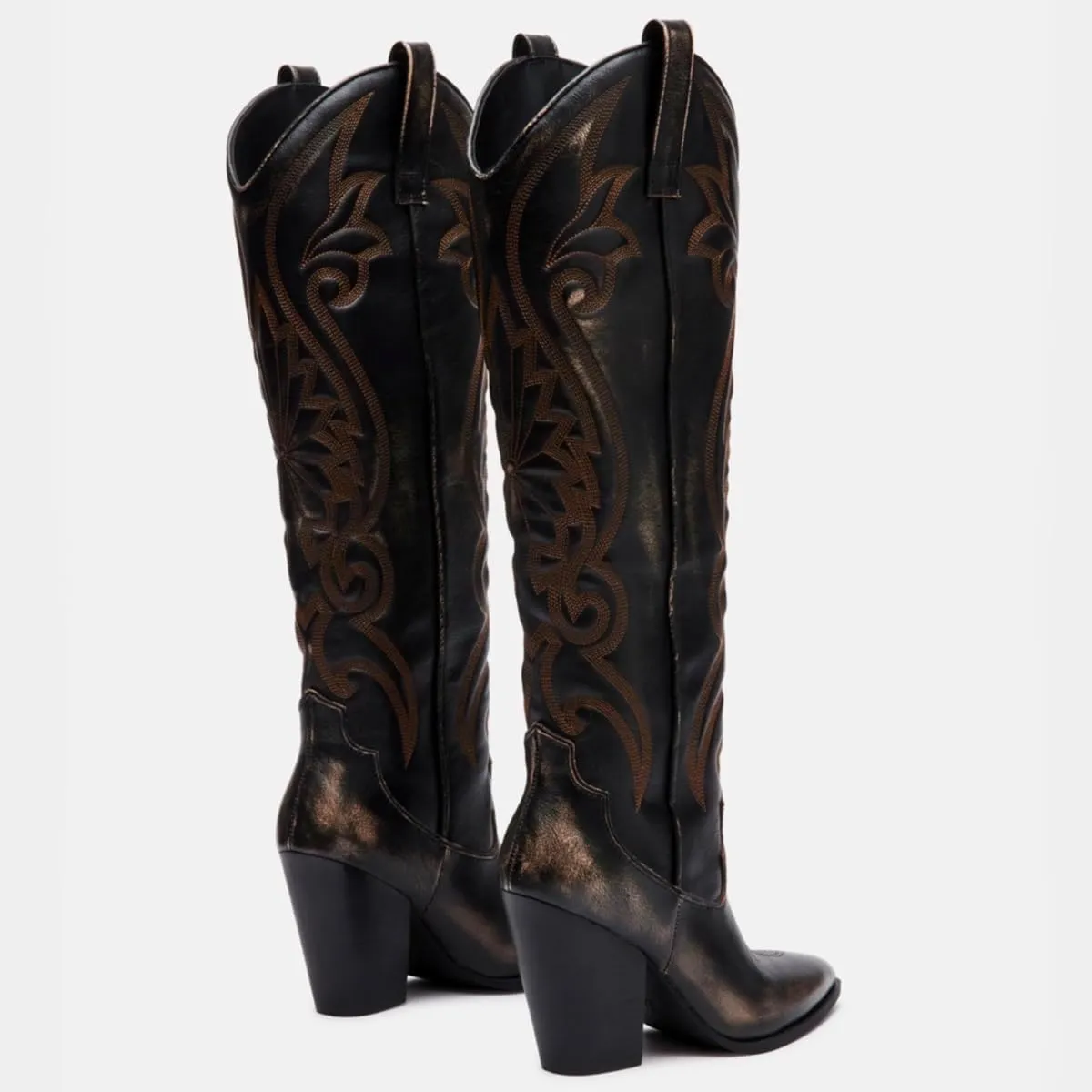 Vintage Embroidered Cowboy Boots Women Knee High Western Boots Suede High Chunky Stacked Heel Pointed Toe Tall Cowgirl Boots Satin Studded Combat Boot Pull On Fall Winter Dressy 4-11 M US