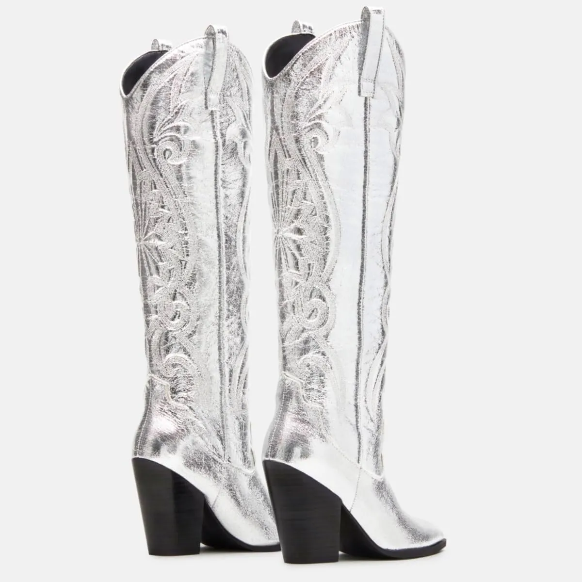 Vintage Embroidered Cowboy Boots Women Knee High Western Boots Suede High Chunky Stacked Heel Pointed Toe Tall Cowgirl Boots Satin Studded Combat Boot Pull On Fall Winter Dressy 4-11 M US