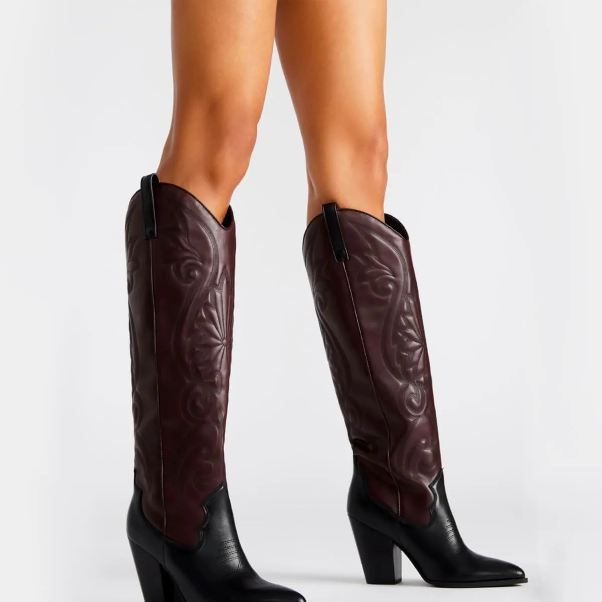 Vintage Embroidered Cowboy Boots Women Knee High Western Boots Suede High Chunky Stacked Heel Pointed Toe Tall Cowgirl Boots Satin Studded Combat Boot Pull On Fall Winter Dressy 4-11 M US