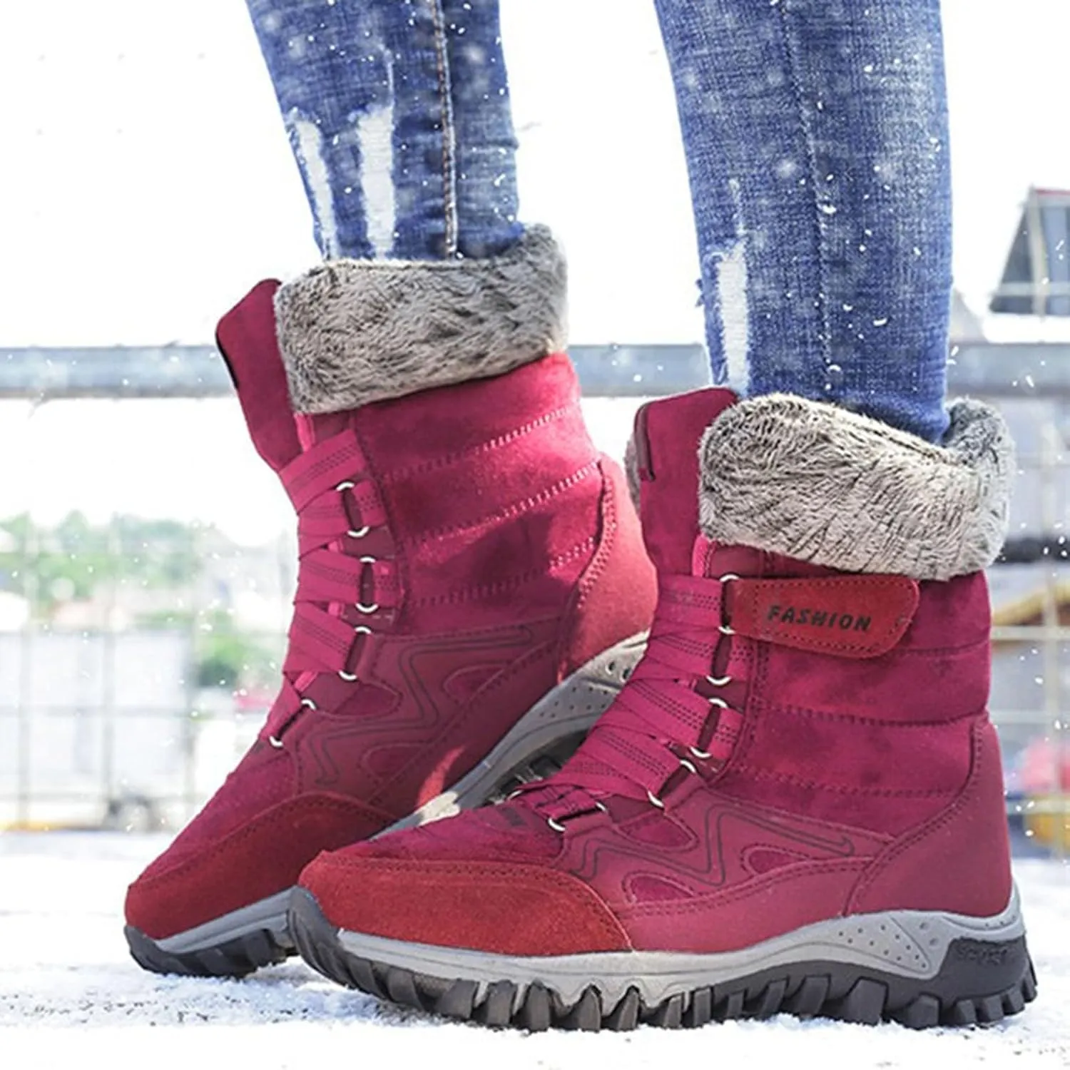 Waterproof Snow Boots Women, Winter Snow Boots Lightweight Warm Faux Fur Lined Mid-Calf Booties Anti-Slip Cold Weather Comfortable Furry Mid Calf Warm Shoes