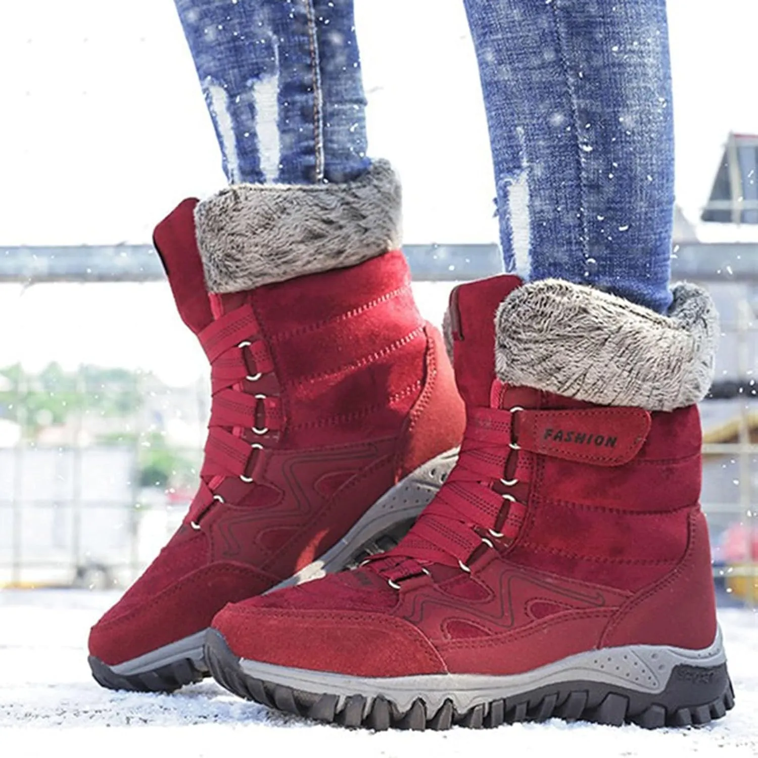 Waterproof Snow Boots Women, Winter Snow Boots Lightweight Warm Faux Fur Lined Mid-Calf Booties Anti-Slip Cold Weather Comfortable Furry Mid Calf Warm Shoes