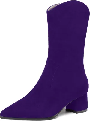 WAYDERNS Women's Suede Pointed Toe Zip Chunky Low Heel Mid Calf Boots 2 Inch