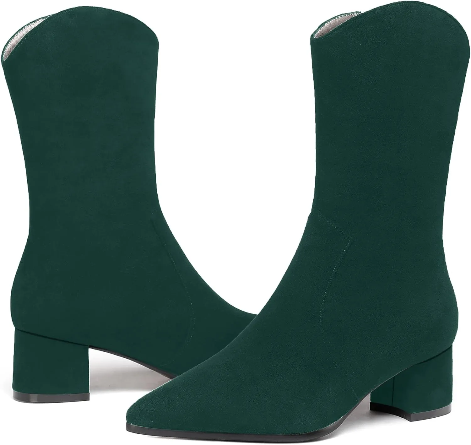WAYDERNS Women's Suede Pointed Toe Zip Chunky Low Heel Mid Calf Boots 2 Inch