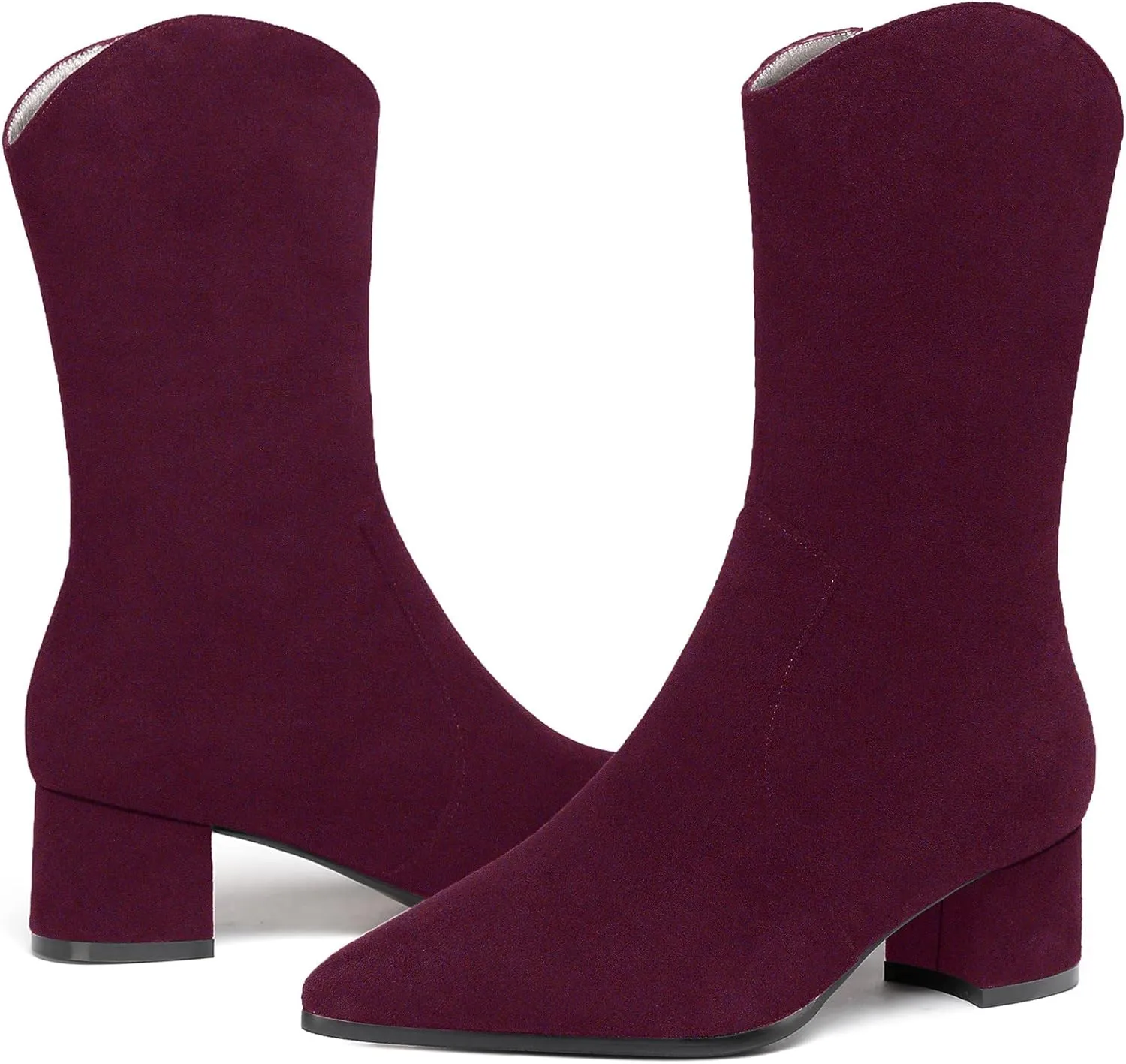 WAYDERNS Women's Suede Pointed Toe Zip Chunky Low Heel Mid Calf Boots 2 Inch
