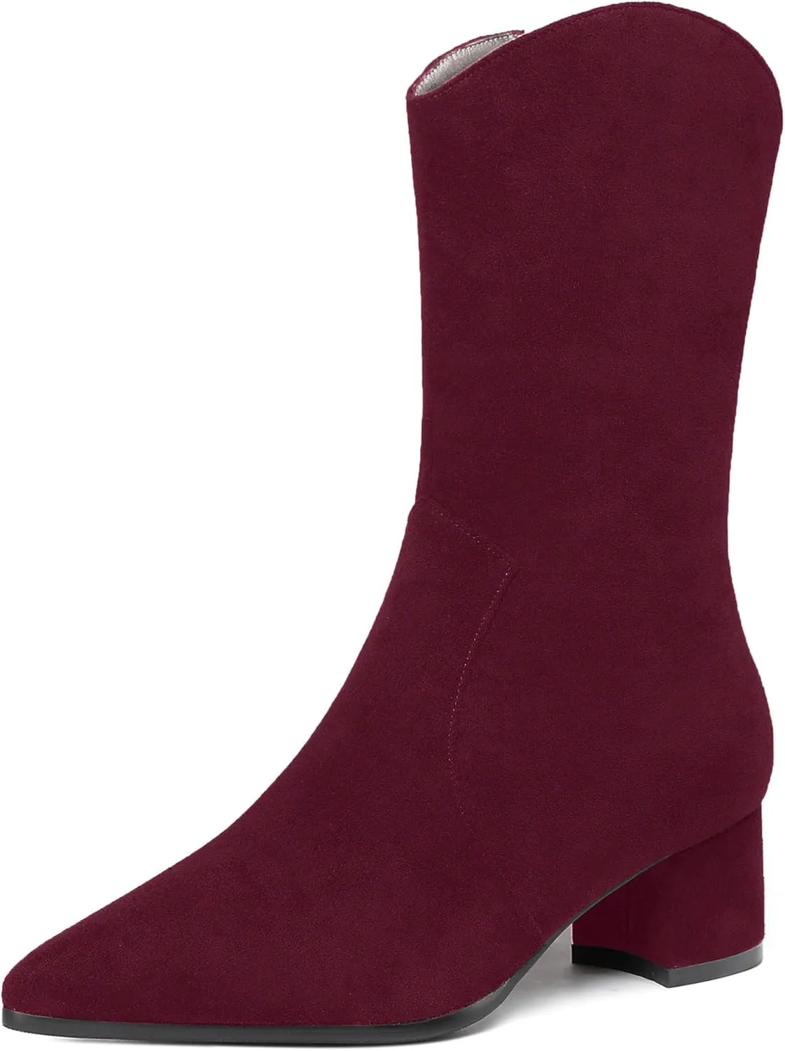 WAYDERNS Women's Suede Pointed Toe Zip Chunky Low Heel Mid Calf Boots 2 Inch