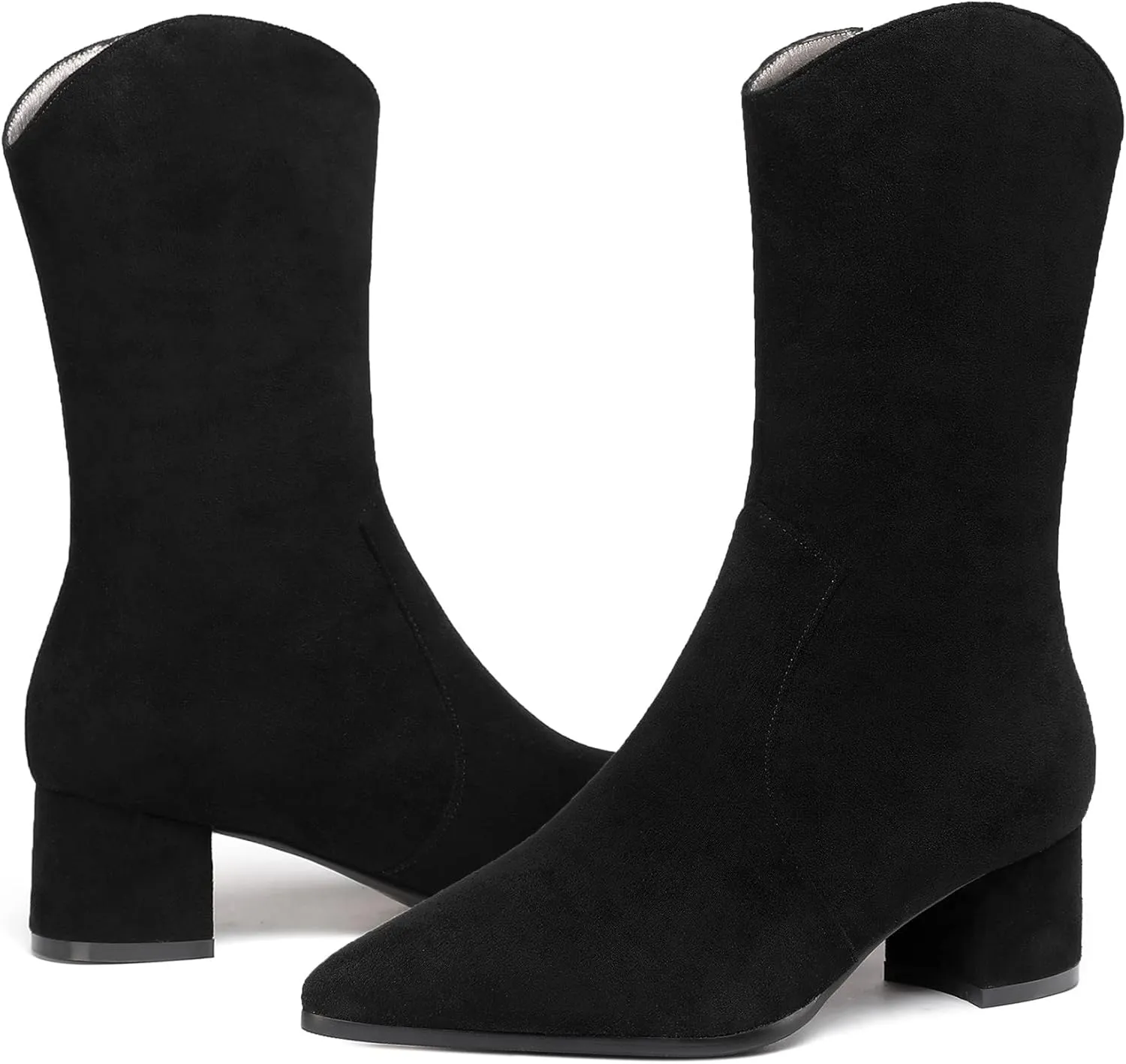 WAYDERNS Women's Suede Pointed Toe Zip Chunky Low Heel Mid Calf Boots 2 Inch