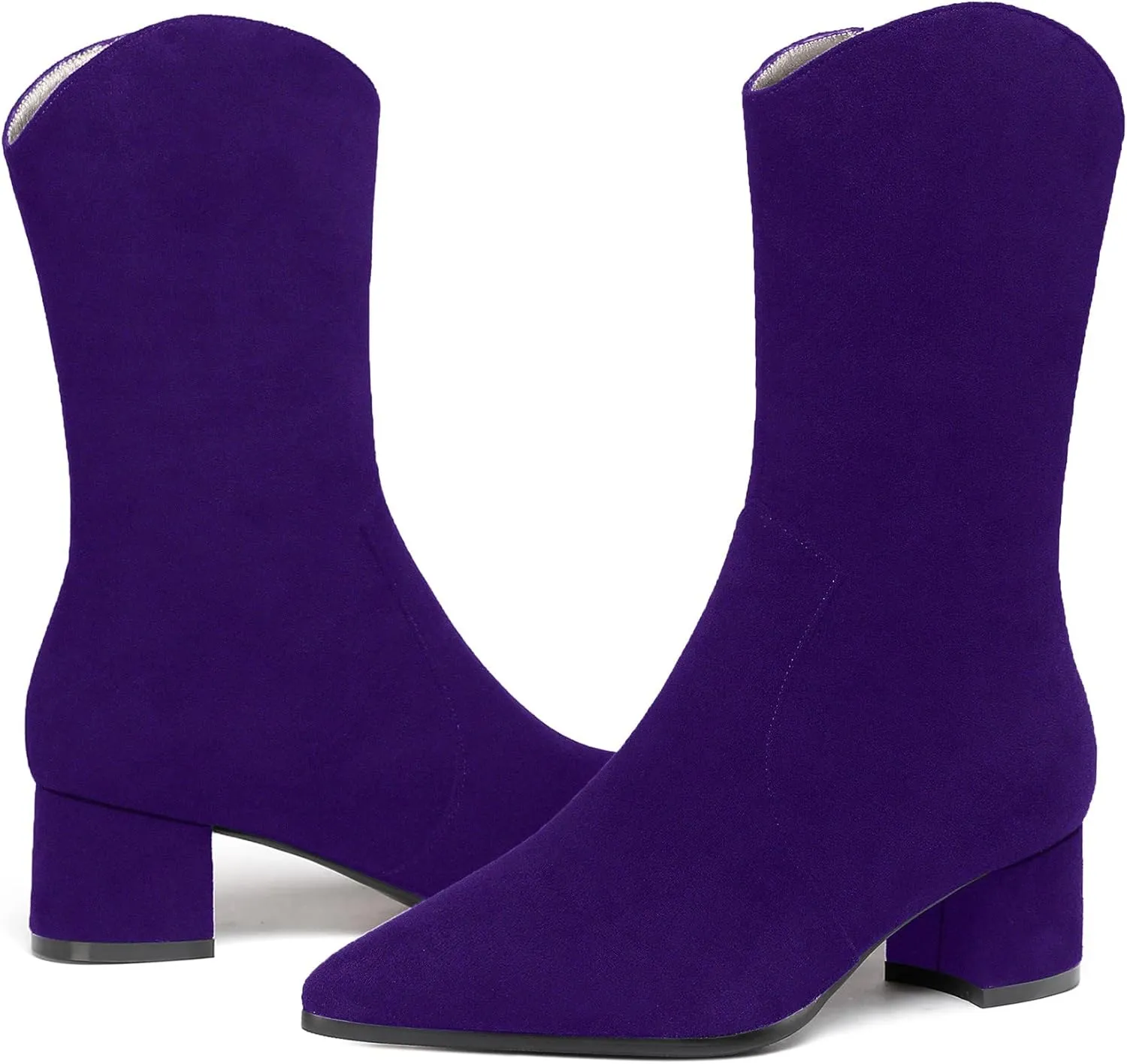 WAYDERNS Women's Suede Pointed Toe Zip Chunky Low Heel Mid Calf Boots 2 Inch