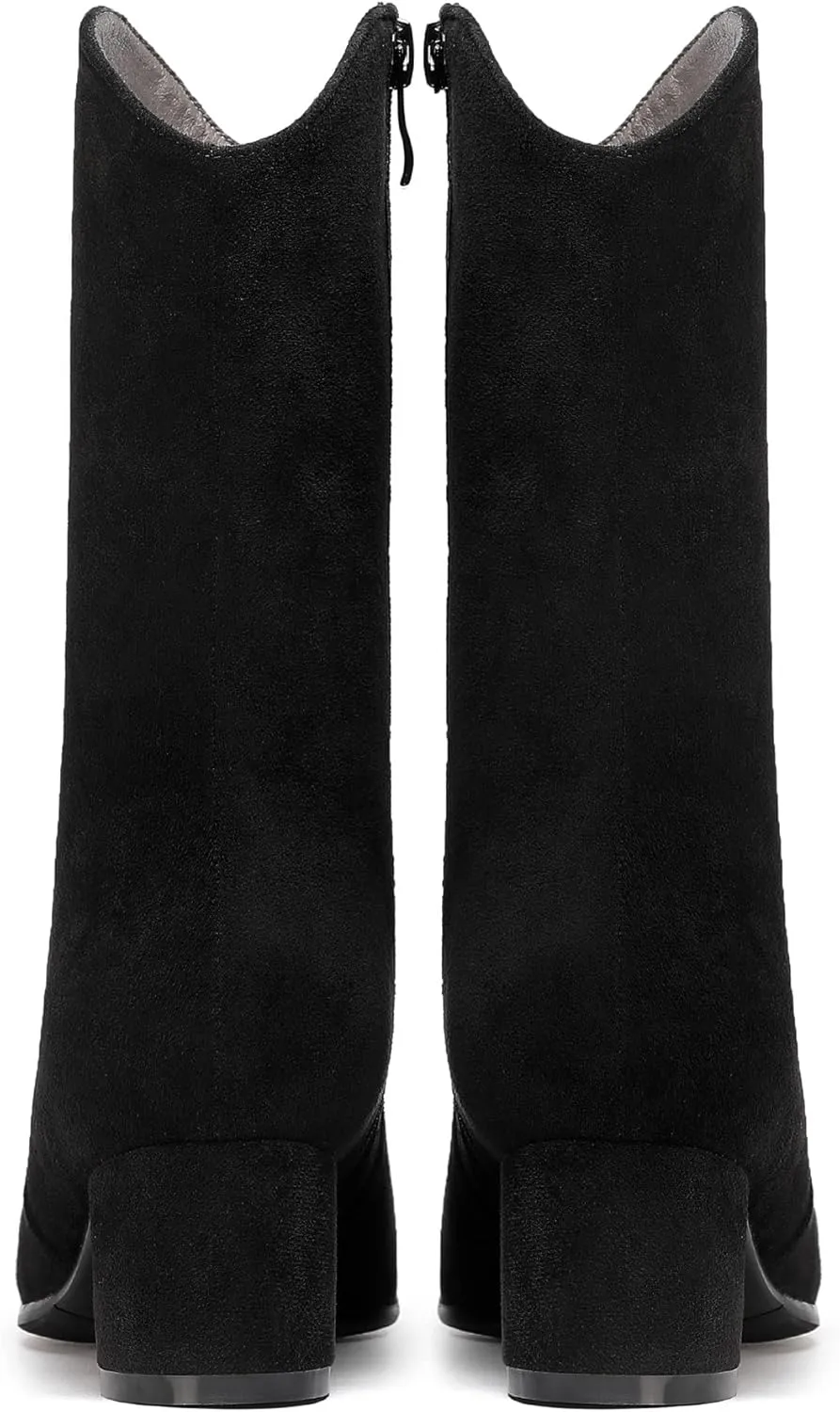 WAYDERNS Women's Suede Pointed Toe Zip Chunky Low Heel Mid Calf Boots 2 Inch