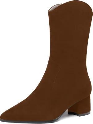 WAYDERNS Women's Suede Pointed Toe Zip Chunky Low Heel Mid Calf Boots 2 Inch