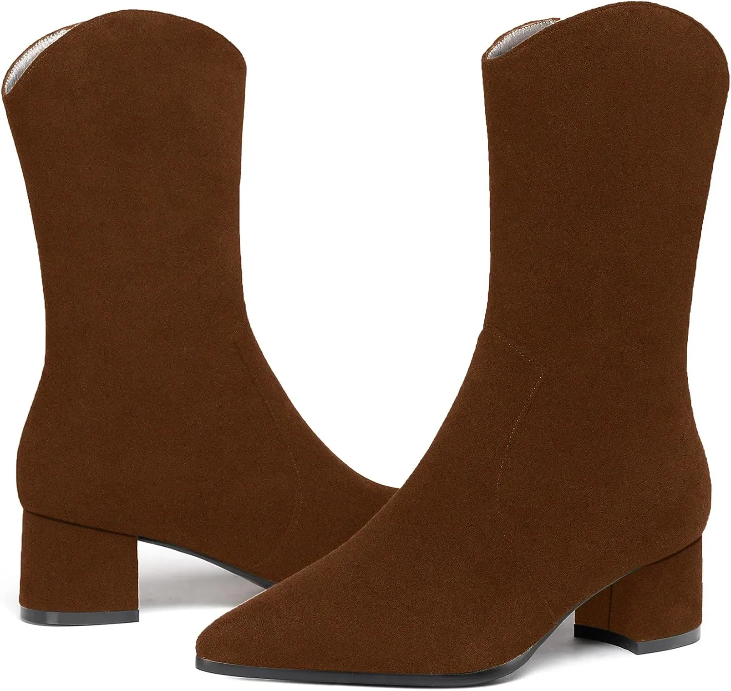 WAYDERNS Women's Suede Pointed Toe Zip Chunky Low Heel Mid Calf Boots 2 Inch