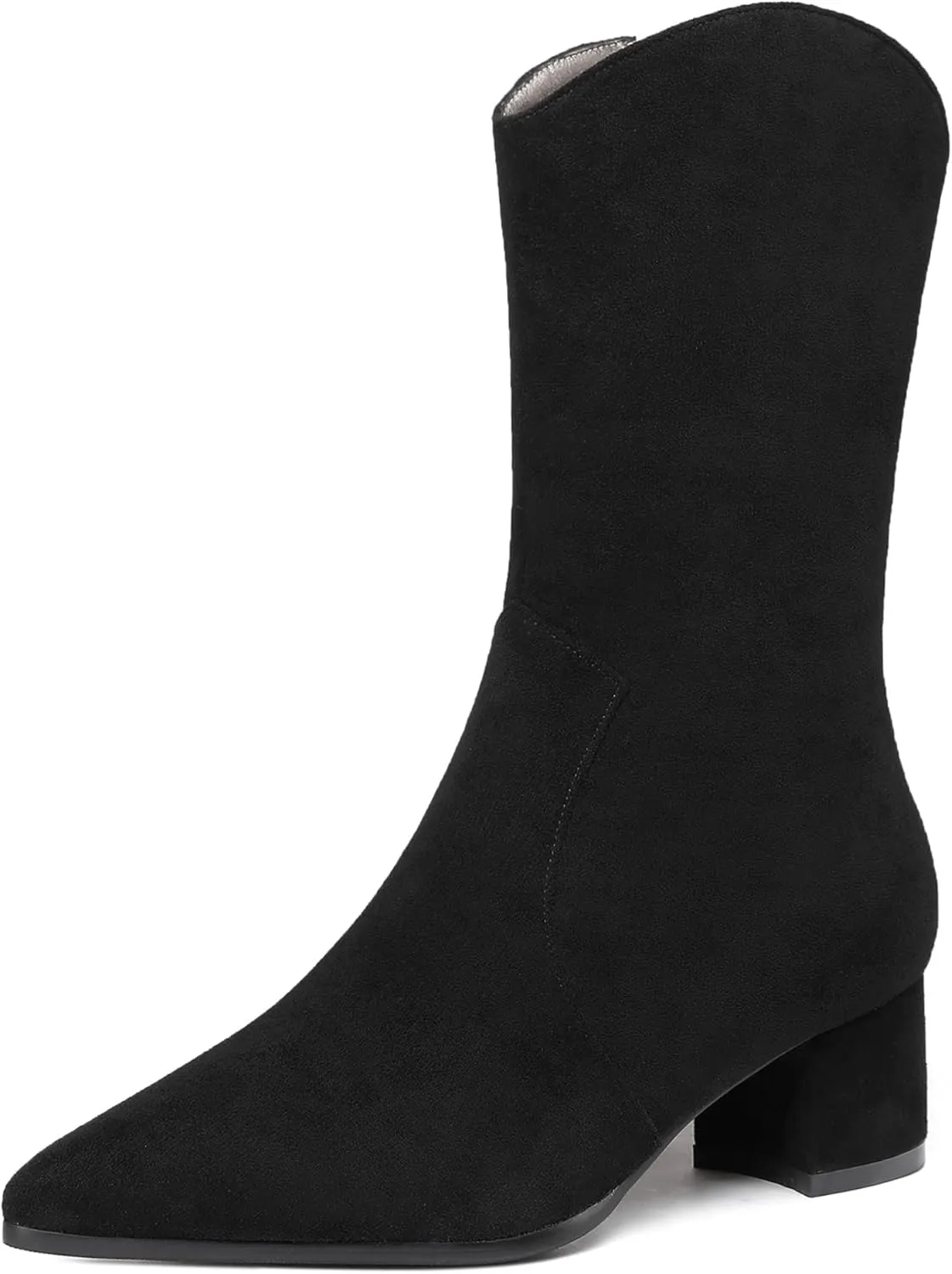 WAYDERNS Women's Suede Pointed Toe Zip Chunky Low Heel Mid Calf Boots 2 Inch
