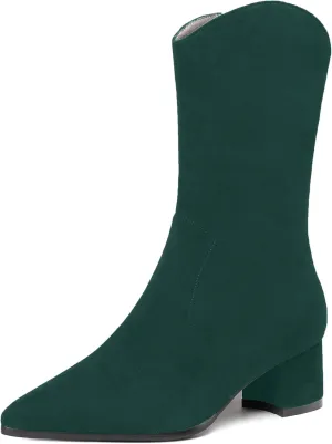 WAYDERNS Women's Suede Pointed Toe Zip Chunky Low Heel Mid Calf Boots 2 Inch
