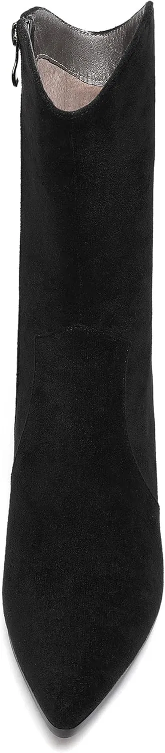 WAYDERNS Women's Suede Pointed Toe Zip Chunky Low Heel Mid Calf Boots 2 Inch