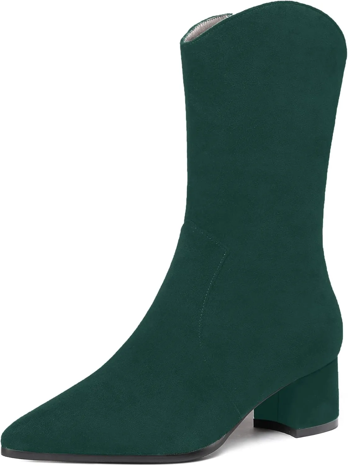 WAYDERNS Women's Suede Pointed Toe Zip Chunky Low Heel Mid Calf Boots 2 Inch